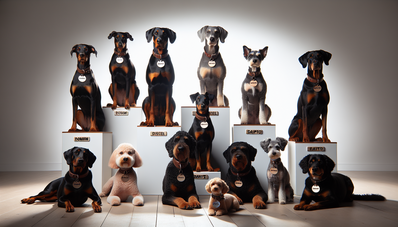 Chien noir assis avec tag "Darwin" sur collier brillant.