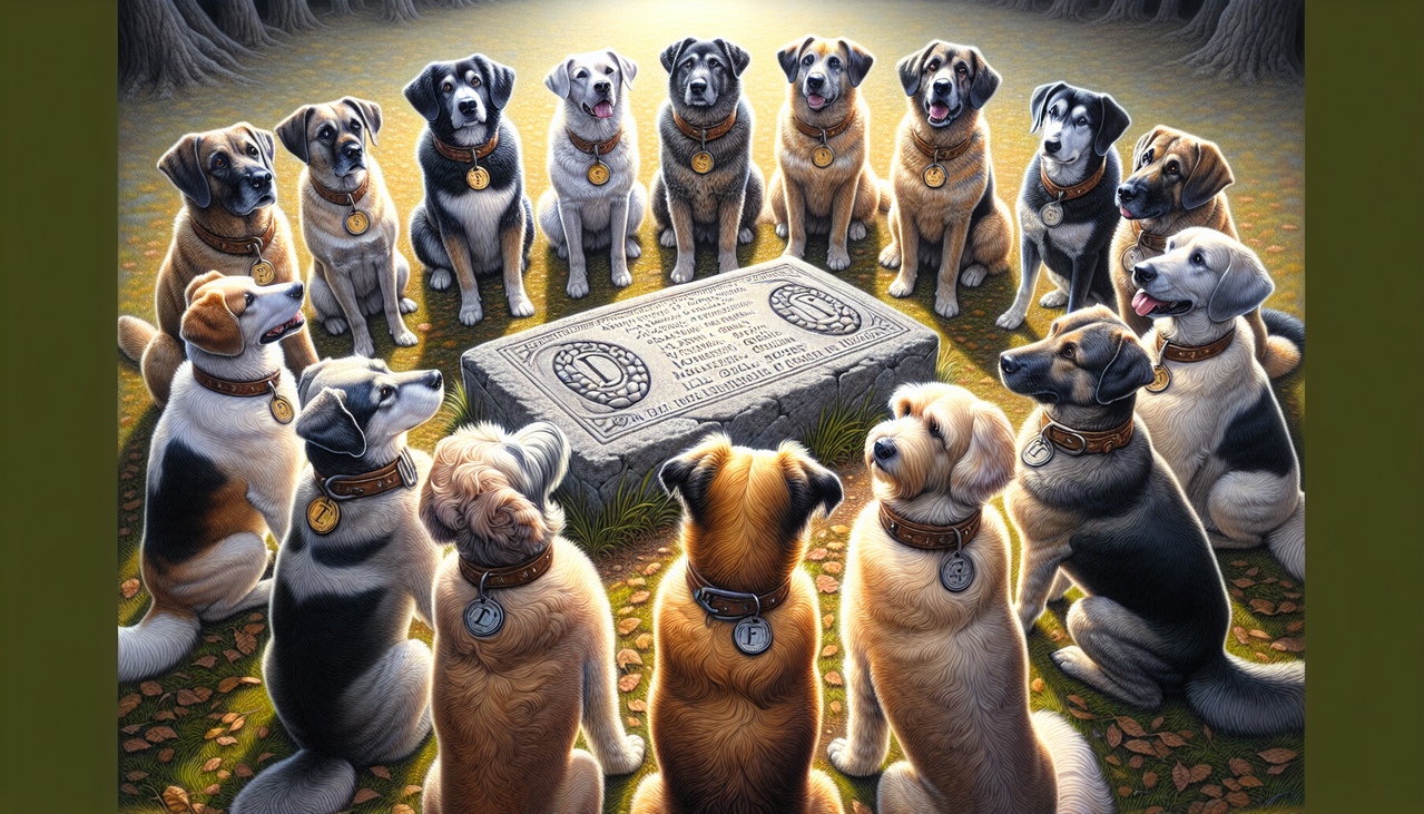 Chien de race variée autour d'une plaque avec "Nom de chien en F" inscrit, dans un parc ensoleillé.
