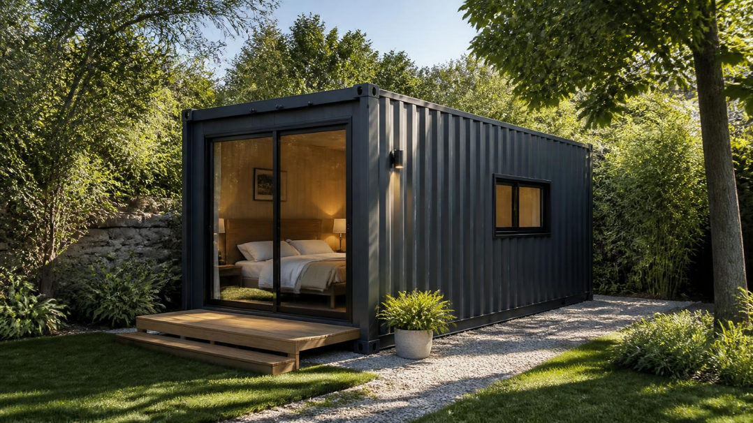 Conteneur maritime aménagé en chambre d'appoint au calme dans un jardin