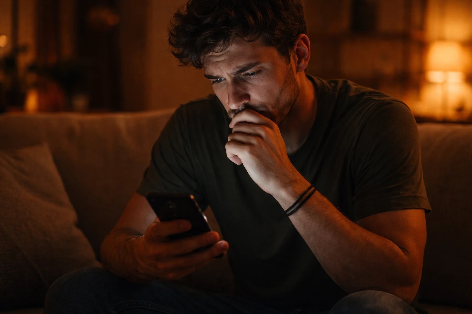 Homme pensif tenant son téléphone pendant un silence radio dans le couple