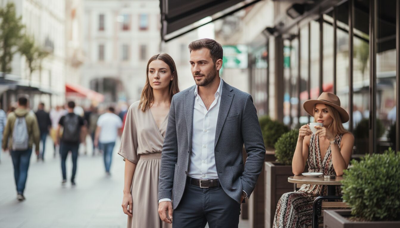 Homme pensif assis entre sa partenaire et une autre femme dans un contexte relationnel